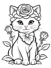 Cat with flower coloring page kids style white background ai generated 