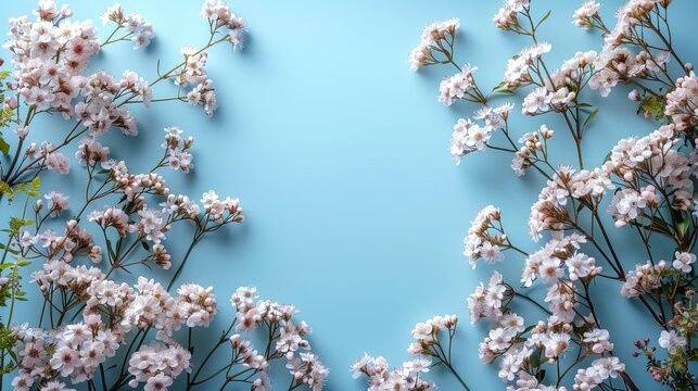  a bunch of white flowers on a blue background with a place for the text in the middle of the picture.
