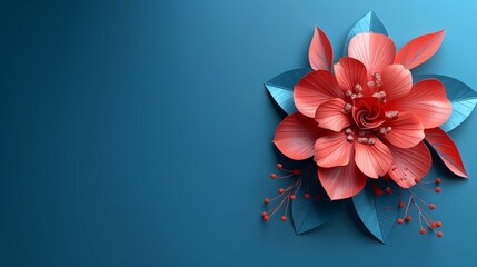  a red flower on a blue background with leaves and berries in the center of the flower is surrounded by leaves and berries in the center of the flower.