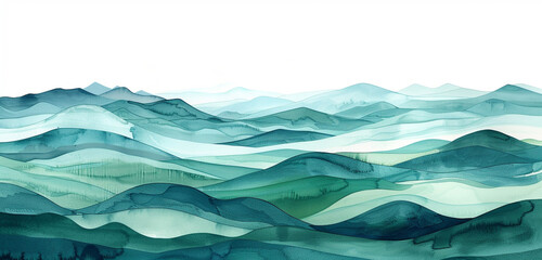 An intricate landscape featuring rolling hills in shades of indigo and jade, depicted in fine ink...