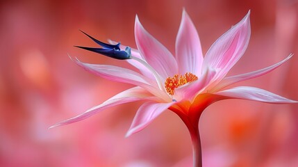  a close up of a pink flower with a blue bird on the center of the flower and a red background.