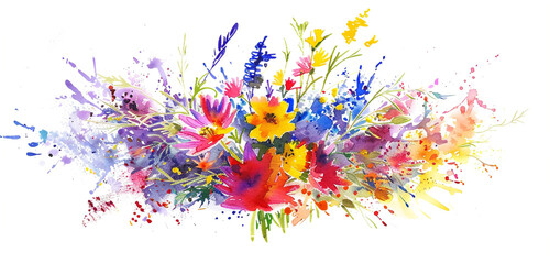 A bouquet of wildflowers, depicted in a burst of colorful inks, radiating natural beauty, isolated on white background