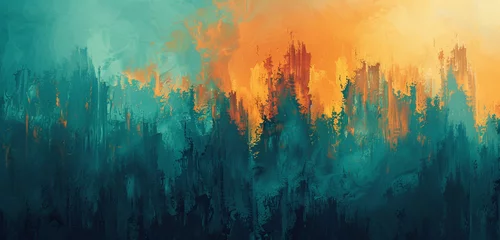 Fotobehang An ultra-sharp, cinematic abstract landscape, where fiery amber gradients meet cool teal shadows in a high-saturation encounter © Tehreem