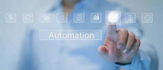 Fotobehang Automation concept. automated business process workflow optimization. Business process management and automation with person validating document in workflow. Digital transformation. © Montri