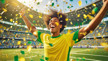 Um jogador com uniforme do Brasil, alegre, comemorando a vitória, com muito papel picado caindo em...