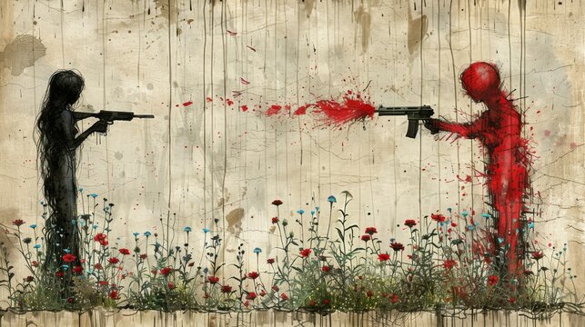  a painting of two people holding guns in front of a wall with red paint splattered all over it.