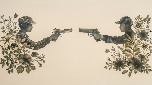  a drawing of two people holding guns in front of a wall with flowers and plants painted on the side of the wall.