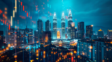 Obraz premium Forex trade market concept with digital indicators, graphs, financial diagram at night Kuala Lumpur city background. Double exposure