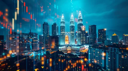 Papier Peint photo Lavable Kuala Lumpur Forex trade market concept with digital indicators, graphs, financial diagram at night Kuala Lumpur city background. Double exposure
