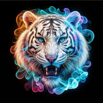 A stunning digital illustration of a majestic white Tiger, composed of swirling, multi-colored smoke , AI Generated