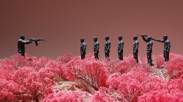  a group of statues standing on top of a field of red bushes and bushes with guns in each of them.