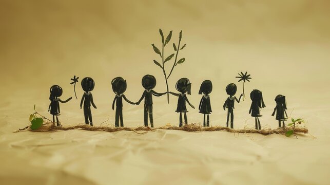  a group of people standing next to each other holding hands and a plant growing in the middle of the picture.