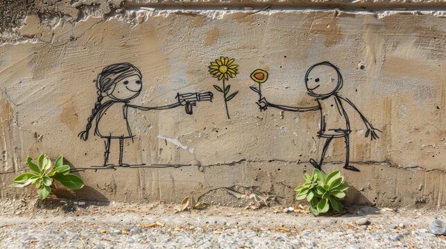  a wall with a drawing of a man handing a flower to a woman with a sunflower in her hand.
