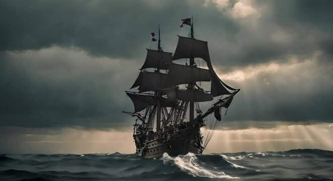 Pirate ship at sea.