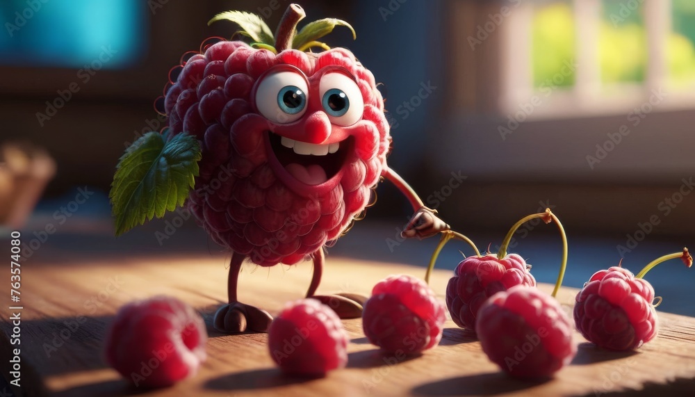 Poster an animated raspberry character stands out with a jovial expression, holding a cherry stem. the warm