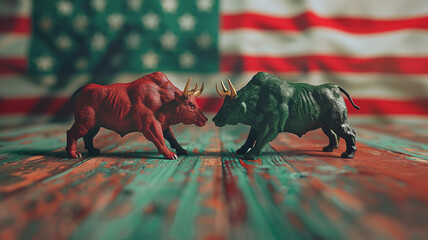 Stock market green red color economy. usa flag background. Trends economic Effect recession on US...