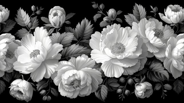  a bunch of flowers that are in the middle of a black and white photo with leaves and flowers in the middle of the picture.