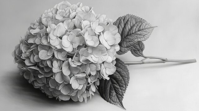  a black and white photo of a bouquet of flowers with leaves on a gray background with a single stem of the flower.