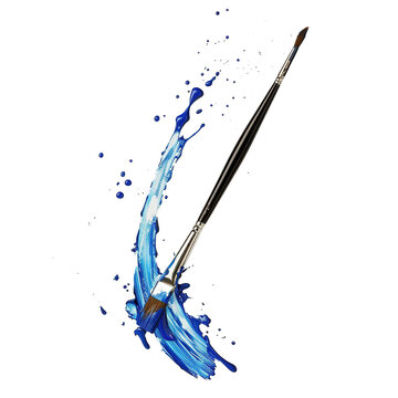 Paintbrush floating in air splash of blue paint trails off the end of the brush isolated on white background.