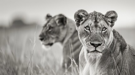 Lionesses in the Serengeti National Park, Tanzania - obrazy, fototapety, plakaty
