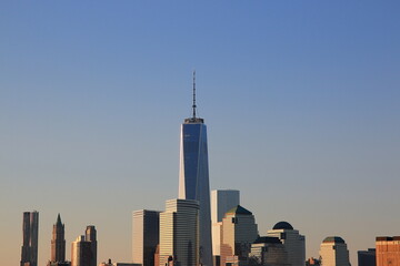 One World Trade Center and skyline panorama of downtown Financial District and the Lower Manhattan...