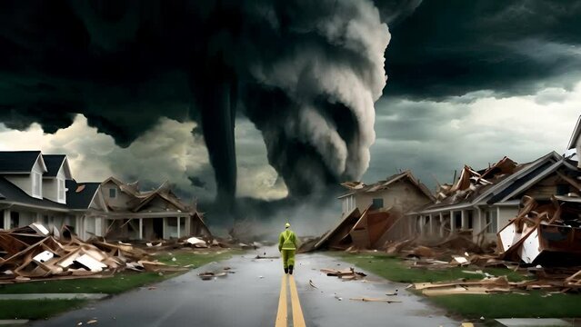 A lone first responder faces the aftermath of a devastating tornado, with houses destroyed in its wake. The ominous clouds above loom large, signaling the sheer power of nature's fury.