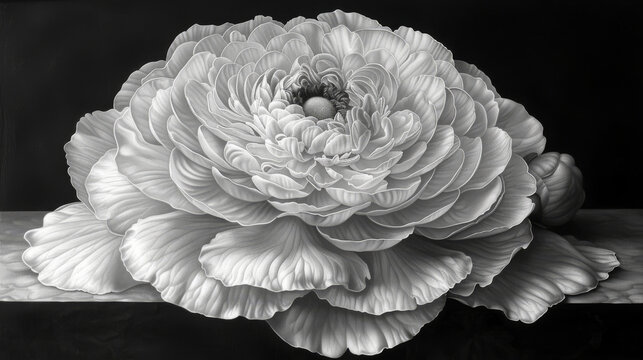  a black and white photo of a large flower on a black background with a reflection of it's petals.