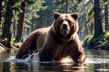 Un grizzli imposant émerge des eaux de la rivière, capturant l'instant où sa puissance brute se manifeste lors de la chasse, offrant une scène sauvage et impressionnante.