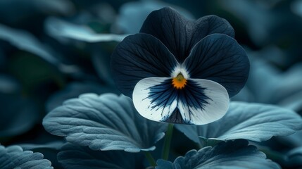  a close up of a blue and white flower with leaves in the foreground and a black and white flower in the background.