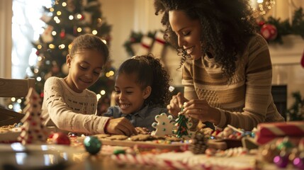 Children making Christmas ornaments at a family workshop. Cozy holiday activity with Christmas lights and decorations.