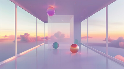Calming abstract interior architecture with soft colours with view on sunrise or sunset and soft clouds.