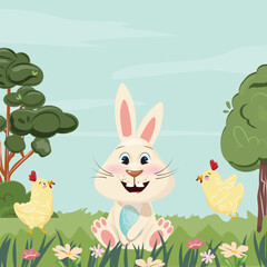 Sunny Easter Bunny Holding Easter Egg and  Cute Chicks walking around