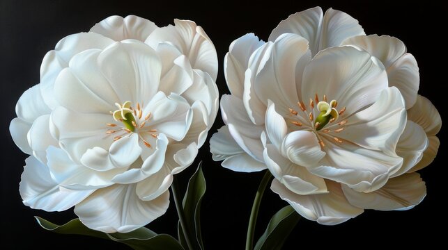  a couple of white flowers sitting on top of a black table next to a green leafy plant in front of a black background.