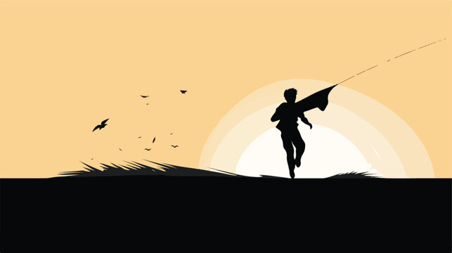 Black silhouette of boy running with flying kite 