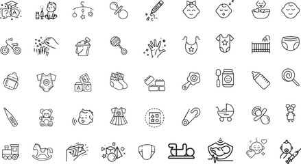 Set of line icons related to child care, international children day, kid rights, parenthood. Outline icon collection. Editable stroke. Vector illustration