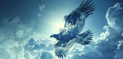 Double exposure creation of an eagle soaring above stormy clouds, merged with a clear blue sky, in...
