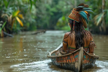 Amazon indigenous woman with canoe in a river