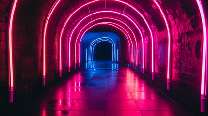 Tunel neon abstrato na cor predominante rosa  - obrazy, fototapety, plakaty