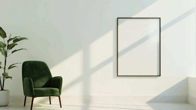 Poltrona verde isolada em uma sala com um quadro em branco 
