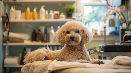 White poodle lying on a blanket in a boutique with female owner. Small business and pet-friendly shop concept for postcard, promotional material.