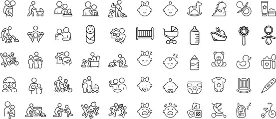 Fototapeta na wymiar Set of line icons related to child care, international children day, kid rights, parenthood. Outline icon collection. Editable stroke. Vector illustration