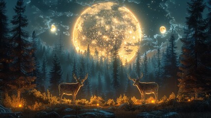  a couple of deer standing next to each other in front of a forest with a full moon in the sky.