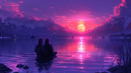  two people are sitting in the water watching the sun go down over a mountain range and a body of water.