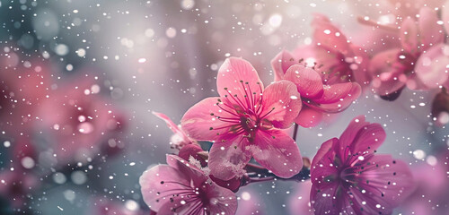 Double exposure of blooming spring flowers against a backdrop of falling snow, in vibrant pink and...