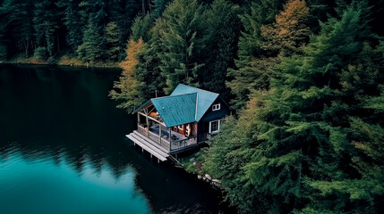 Fototapeta premium A house is on a dock next to a lake. The house is surrounded by trees and the water is calm