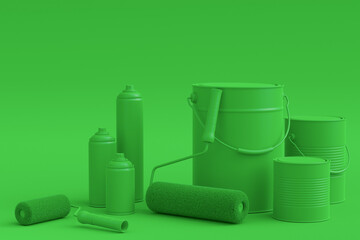 Set of metal and plastic buckets, spray paint, paint roller and brush