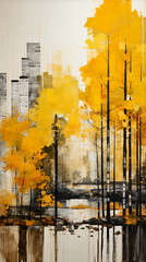 Abstract watercolor painting of a cityscape with trees in autumn.. Illustration. Poster art.