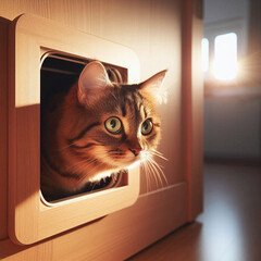 Cat peeking out of a cat flap in a wooden door