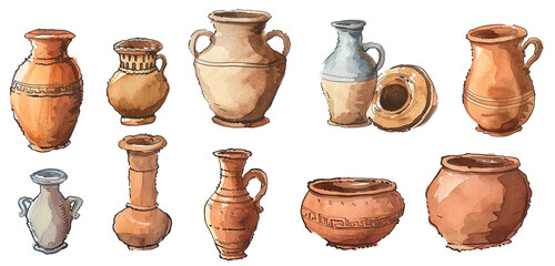 A set of artisanal pottery pieces, sketched in terracotta and slate blue inks, showcasing rustic charm, isolated on white background