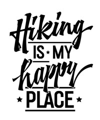 Vibrant lettering design element, Hiking is my happy place. Typography element template suitable for any purpose. Bold script captures the joy of finding solace in nature, inspiring outdoor activities